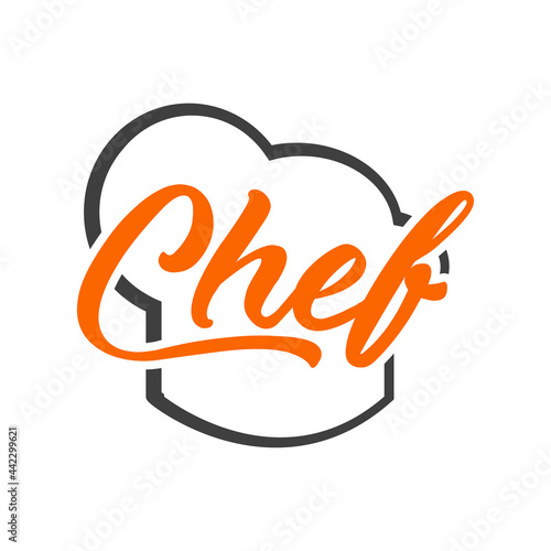 Logo con palabra Chef en caligrafía sobre sombrero de cocinero en color gris y naranja