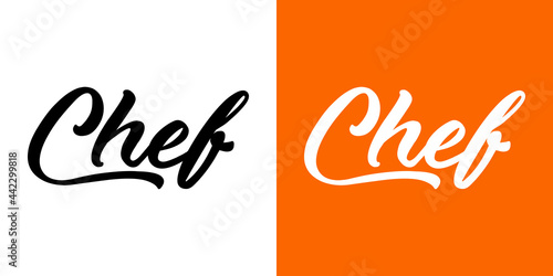 Logo con palabra Chef en caligrafía en fondo blanco y fondo naranja