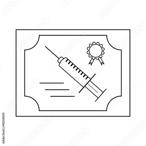 Coronavirus vaccination certificate.  Medical syringe icon. Concept of vaccination.  Isolated vector illustration.