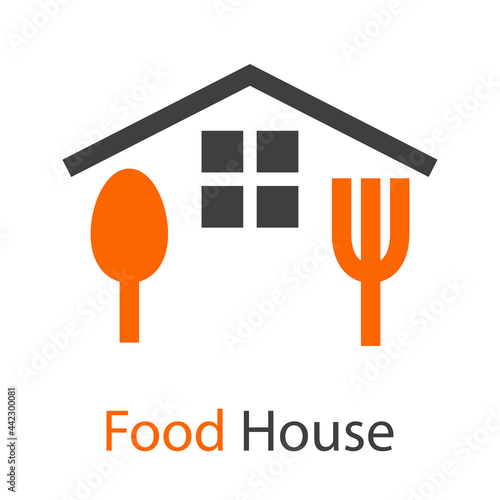 Logo con texto Food House con tenedor y cuchara con tejado y ventana con forma de casa en color gris y naranja