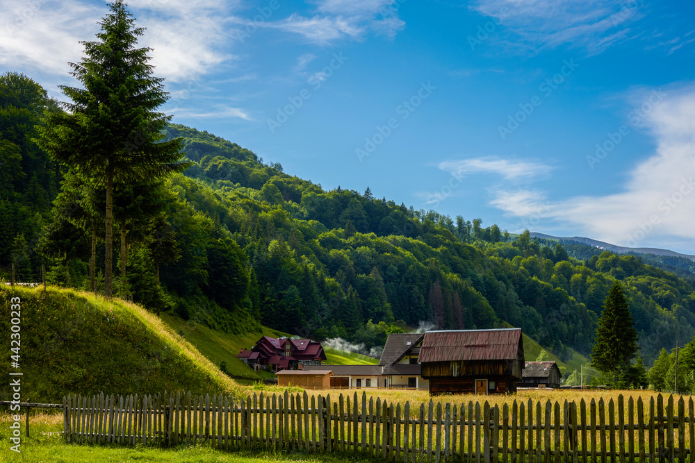beautiful landscape with rural mountain area in Rucar Romania