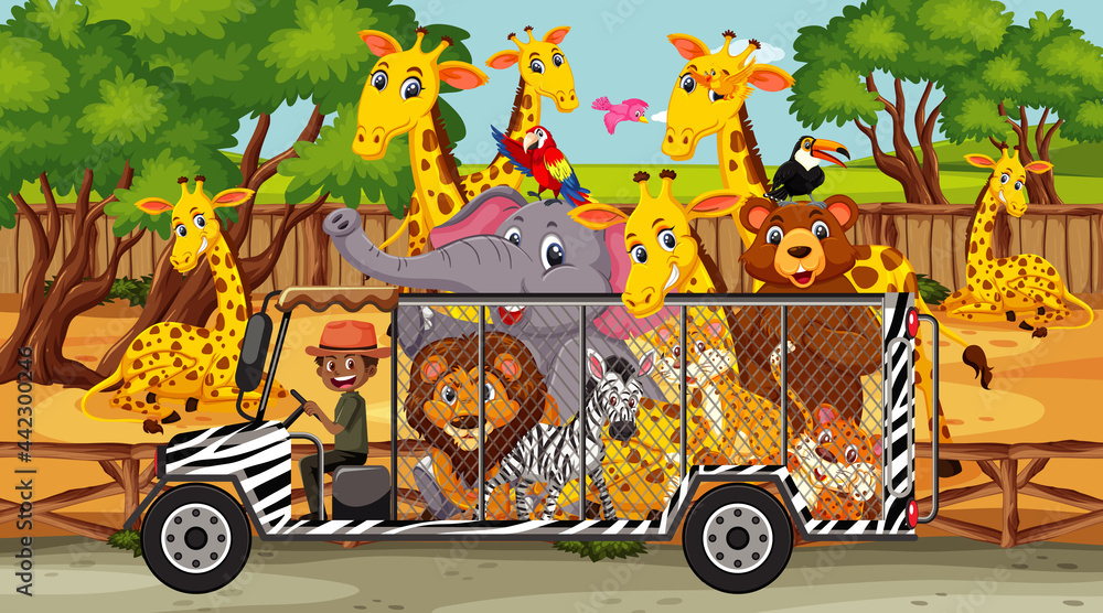 Safari scene with wild animals in a cage car Stock Vector | Adobe Stock