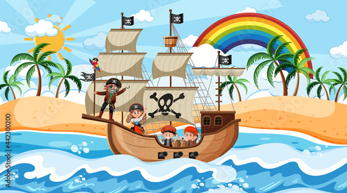 Beach with Pirate ship at daytime scene in cartoon style