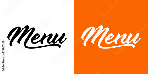Logo con palabra Menu en caligrafía en fondo blanco y fondo naranja