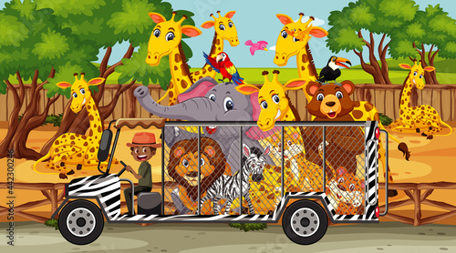 Canvas Print Safari scene with wild animals in a cage car