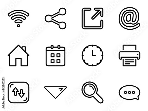 Set of black vector icons, isolated against white background. Flat illustration on a theme web icons for computer, phone, tablet laptop and business. Line, outline, stroke