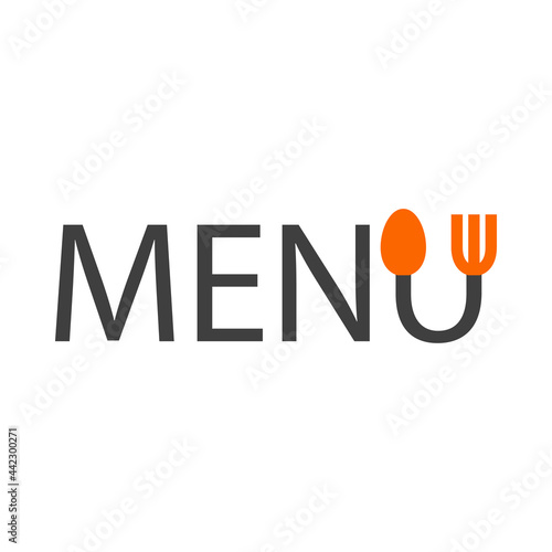 Logo con palabra Menu con tenedor y cuchara con forma de letra U en color gris y naranja