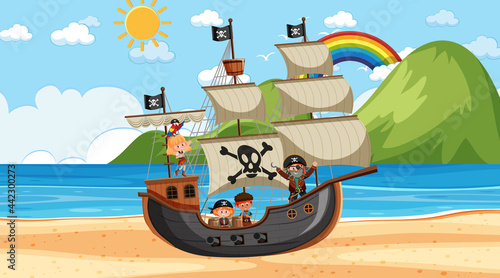 Beach with Pirate ship at daytime scene in cartoon style