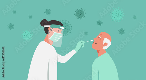 doctor doing Covid-19 or Coronavirus test or DNA test to a senior man with nasal swab probe, vector flat illustration photo
