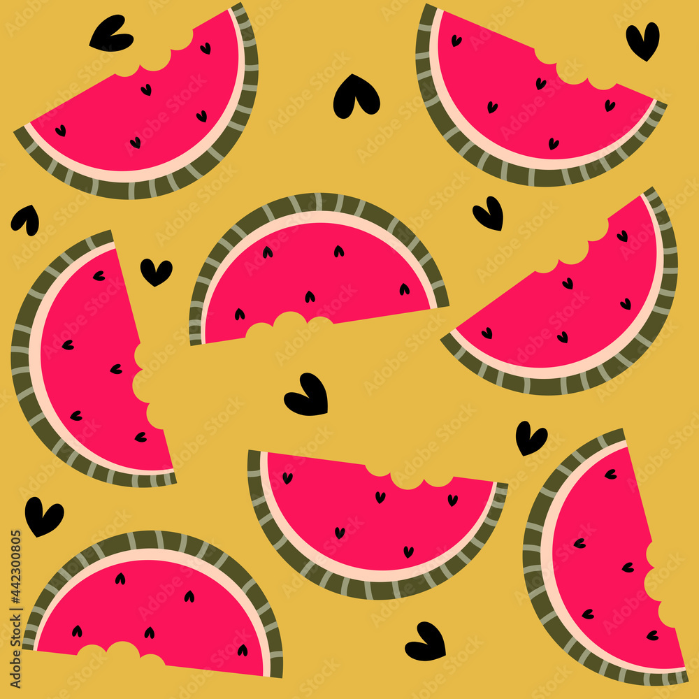 Cute hand drawn seamless vector pattern background illustration with watermelon slice and hearts Cute hand drawn seamless vector pattern background illustration with watermelon slice and hearts