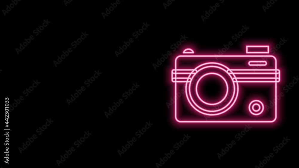 Glowing neon line Photo camera icon isolated on black background. Foto camera. Digital photography. 4K Video motion graphic animation Glowing neon line Photo camera icon isolated on black background. Foto camera. Digital photography. 4K Video motion graphic animation