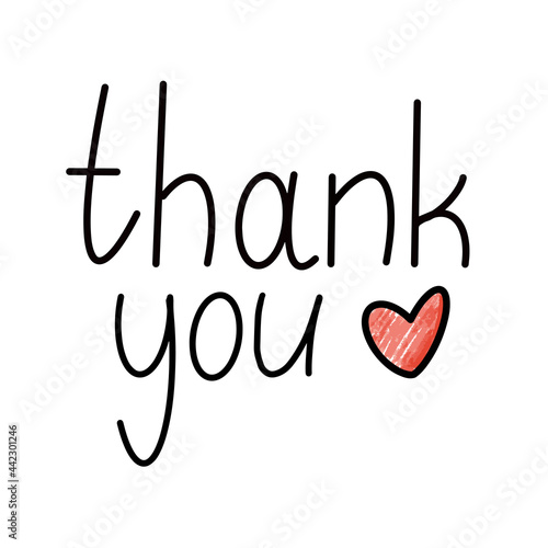 Thank you - simple hand drawn vector lettering note card in black ink with red heart isolated on white background. Thankful social text. Modern calligraphy script illustration.