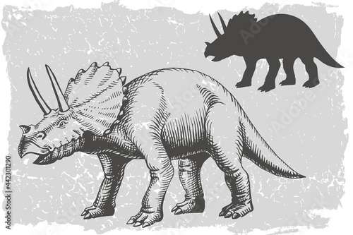 Dinosaur triceratops grafic hand drawn and silhouette illustration