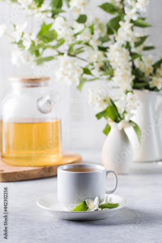 A mug of green tea with jasmine on the background of a teapot of tea and a branch of jasmine.