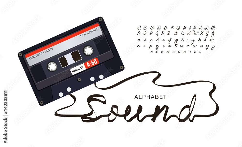 Font alphabets made from audio cassette tape. Plastic retro cassette