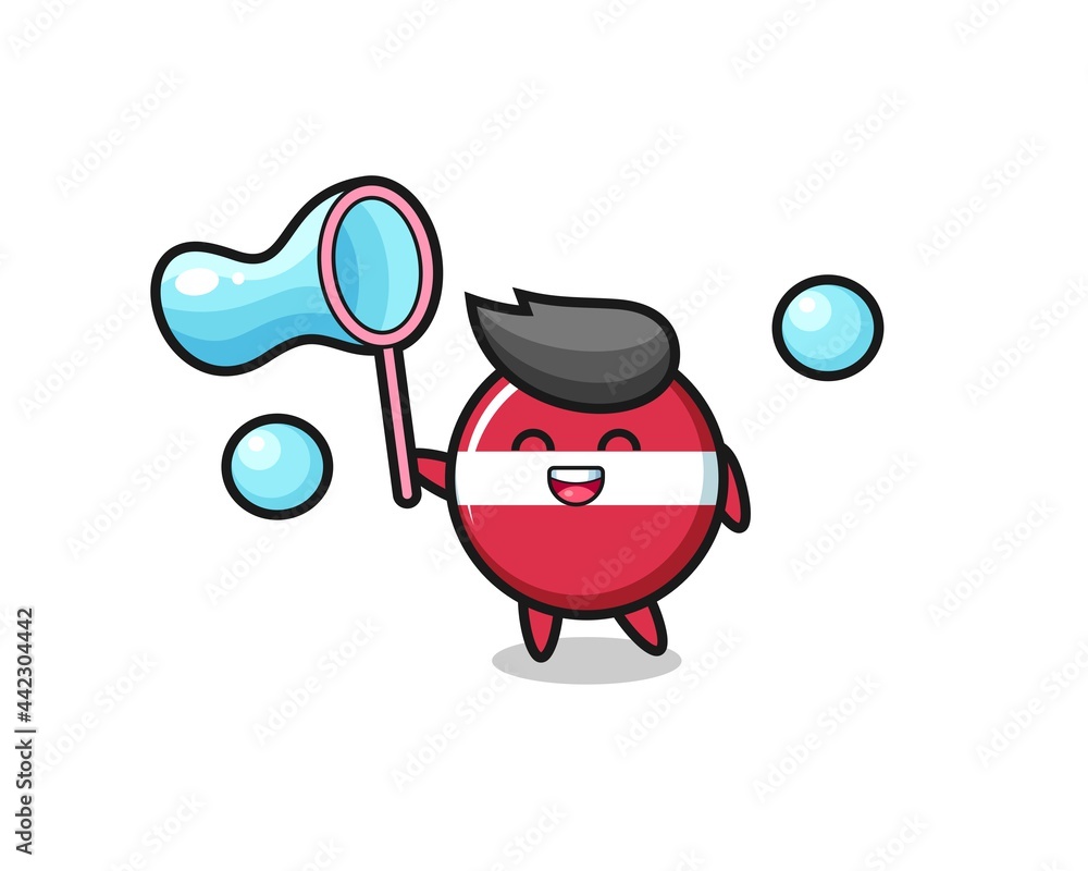 happy latvia flag badge cartoon playing soap bubble happy latvia flag badge cartoon playing soap bubble