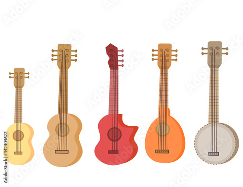 Set of string instruments.Ukulele, guitar, bass, mandolin and banjo.Different type of musical instruments.Sign, symbol, icon or logo isolated.Flat design.Cartoon vector illustration.