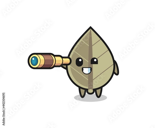 cute dried leaf character is holding an old telescope