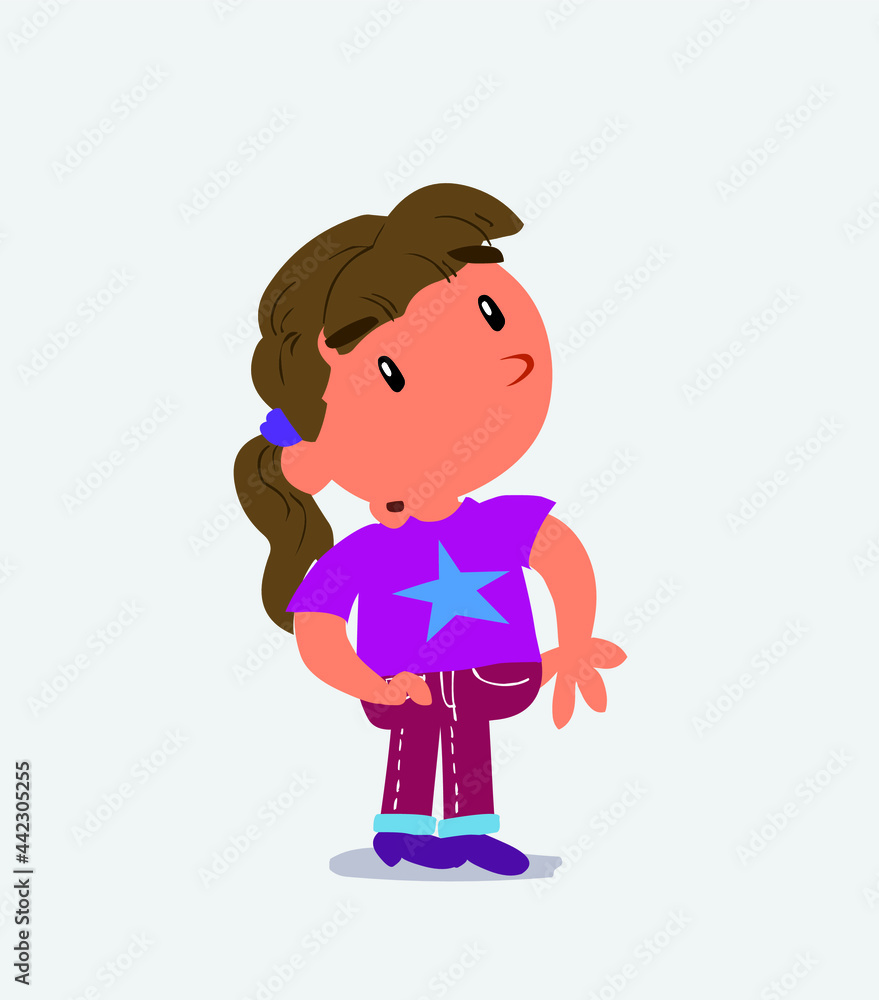 cartoon character of little girl on jeans looks with doubt and somewhat surprised