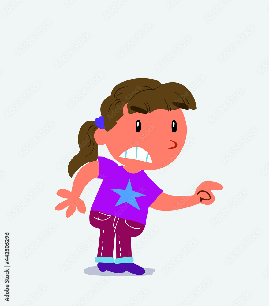  cartoon character of little girl on jeans pointing something aggressively.