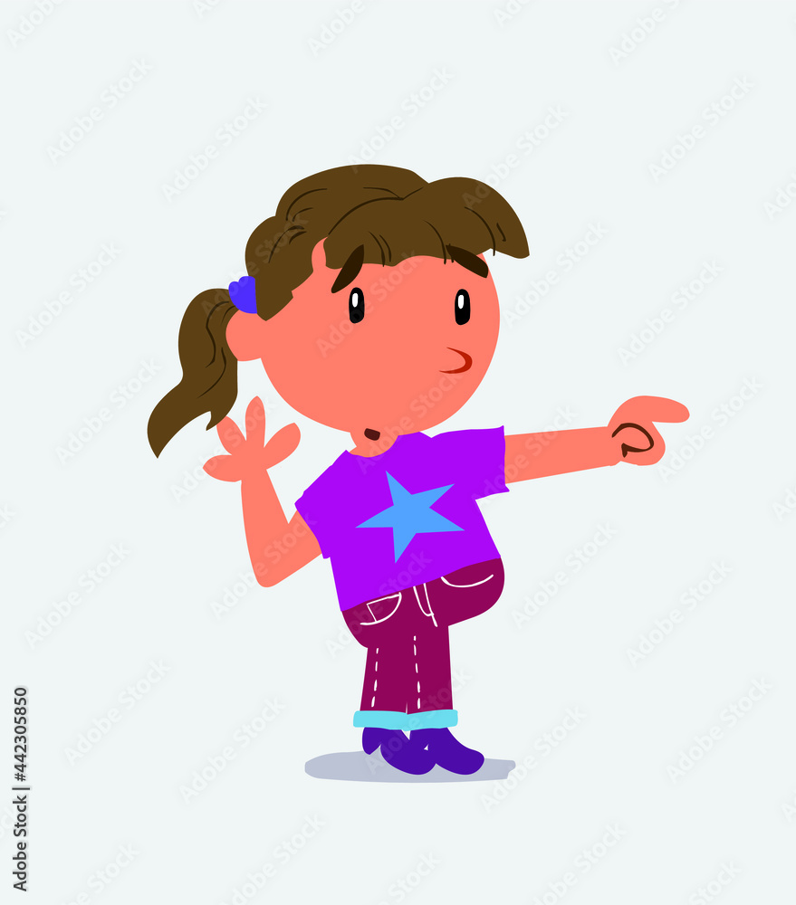 Surprised cartoon character of little girl on jeans points to something to his sideSurprised cartoon character of little girl on jeans points to something to his side