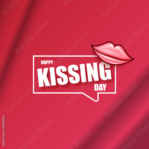 Happy kissing day greeting card or banner with cartoon glossy red lips isolated on pink background. Kiss day concept illustration with sexy smiling woman mouth icon