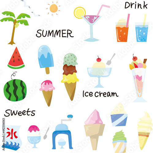 A set of colorful illustrations of cold summer desserts and drinks.