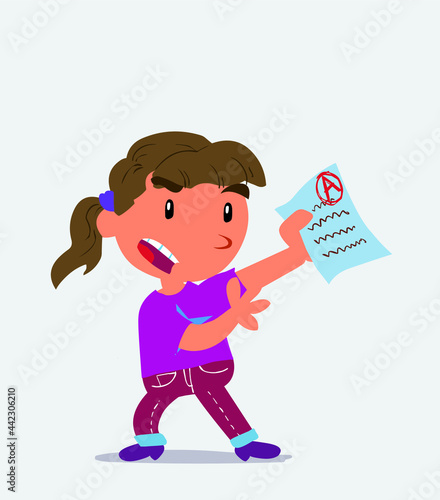  cartoon character of little girl on jeans arguing effusively with exam in hand cartoon character of little girl on jeans arguing effusively with exam in hand