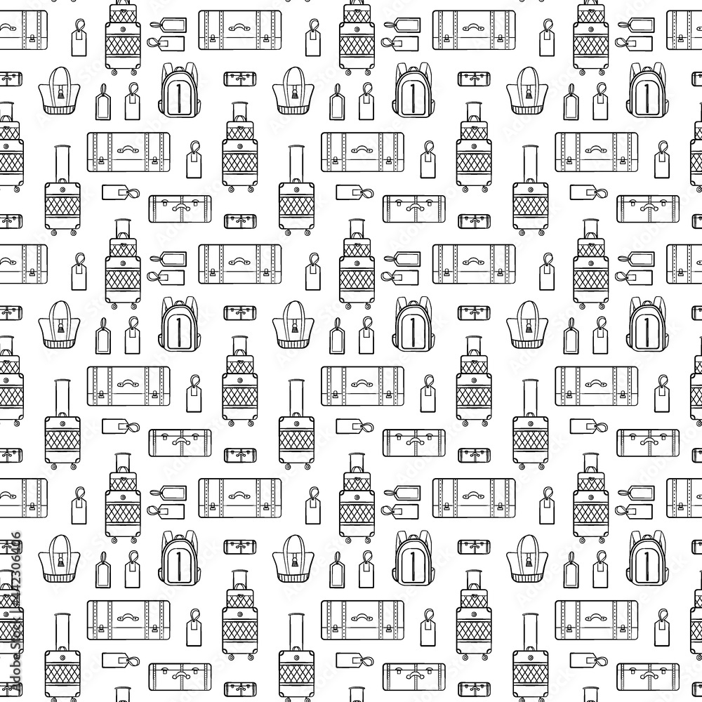 Travel and vacation seamless pattern with travel elements. Seamless pattern for design, posters, backgrounds vacation and trip theme. Suitcase, bag and tag in line style.