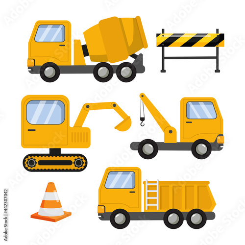 Set of construction vehicle. Industrial yellow truck. 