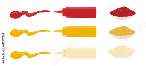tomato sauce ,mayonnaise and mustard in jars, a set of sauces on an isolated background in bowls