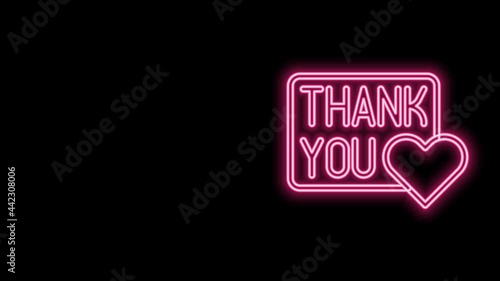 Glowing neon line Thank you with heart icon isolated on black background. Handwritten lettering. 4K Video motion graphic animation