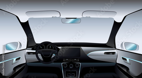 Car interior mockup. View from inside the car on the dashboard. Vector illustration
