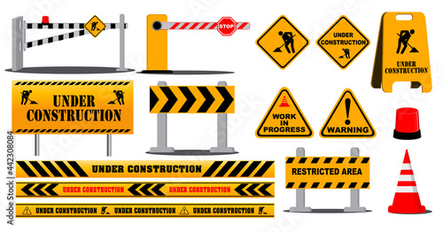 set of road barrier highway sign or under construction site warning or barricade block highway street concepts. eps vector 