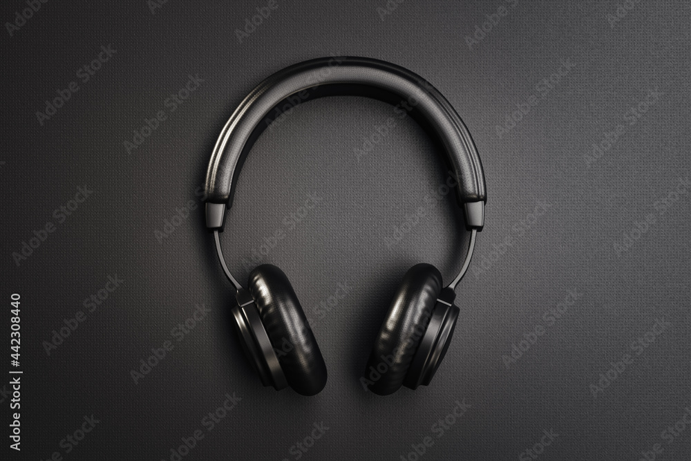 Black headphones on black background, 3D rendering Black headphones on black background, 3D rendering