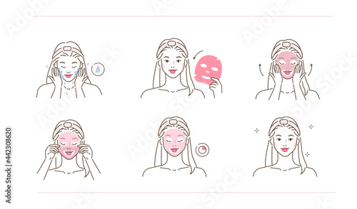 Beauty girl take care of her face and applying facial sheet mask. Woman making skincare procedures. Skin care routine, hygiene and moisturizing. Flat line vector illustration and icons set.