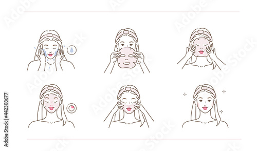 Beauty girl take care of her face and applying facial sheet mask. Skincare instruction. Daily skin care routine, hygiene and hydrating concept. Flat line vector illustration and icons set.