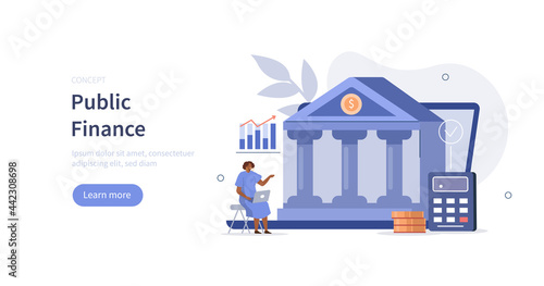Coins and calculator lying near government finance department or tax office column building. Public finance audit concept. Flat cartoon vector illustration.