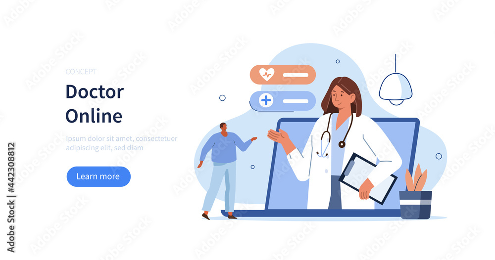 Character having video consultation with doctor online on laptop. Modern health care services and online medicine concept. Flat cartoon vector illustration.