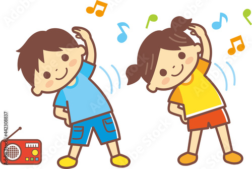 ラジオ体操するこどものイラスト＿ライン有ブラウン