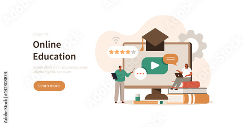 People characters self studying online in internet educational platform. Student talking with teacher. Distance learning and online education concept. Flat cartoon vector illustration.
