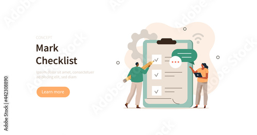 People characters holding pencil and filling big checklist. Man putting check mark on checklist in survey form. Business organization and planning concept. Flat cartoon vector illustration.