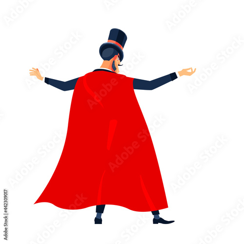 Magician Showman. Young male entertainer, presenter or actor wearing suit, red cloak and top hat on stage. Back, arms to sides. Cartoon character man vector illustration isolated on white background