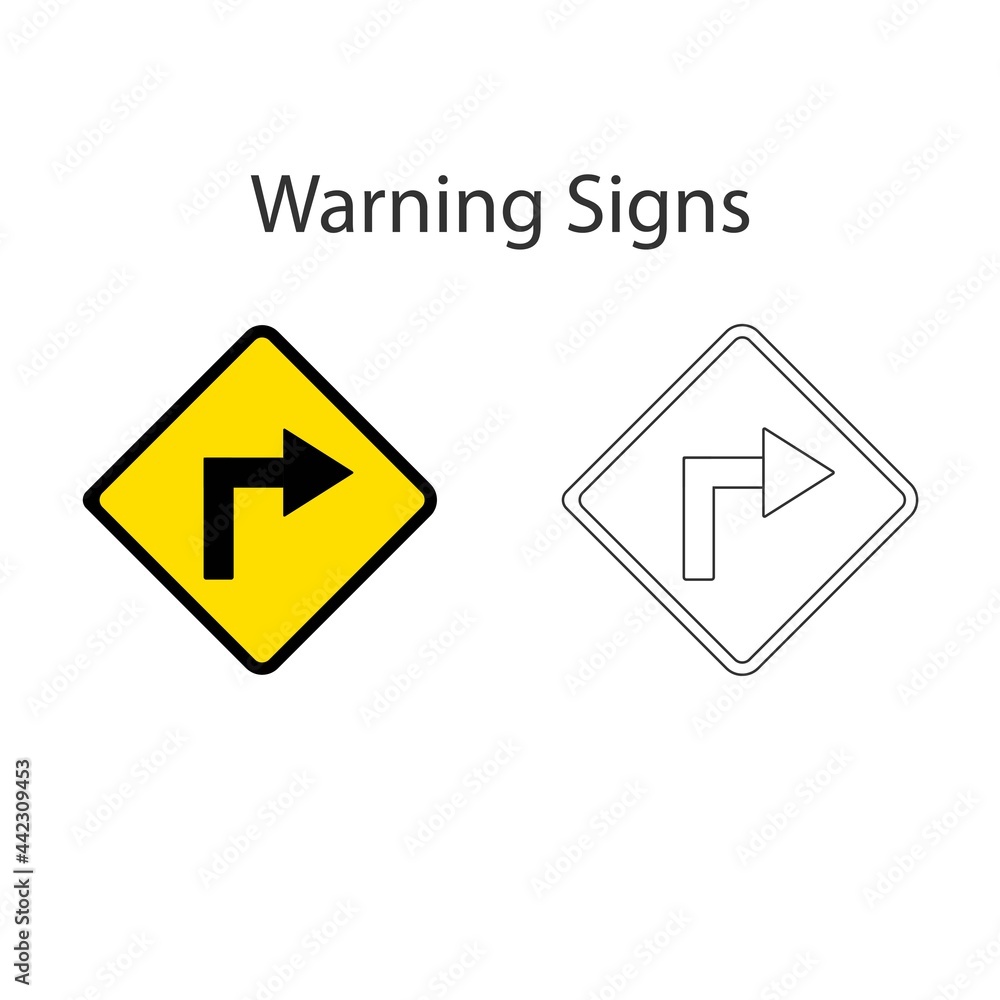 Turn right sign 2 style, Yellow vector illustration and hand drawing on white background. Turn right sign 2 style, Yellow vector illustration and hand drawing on white background.