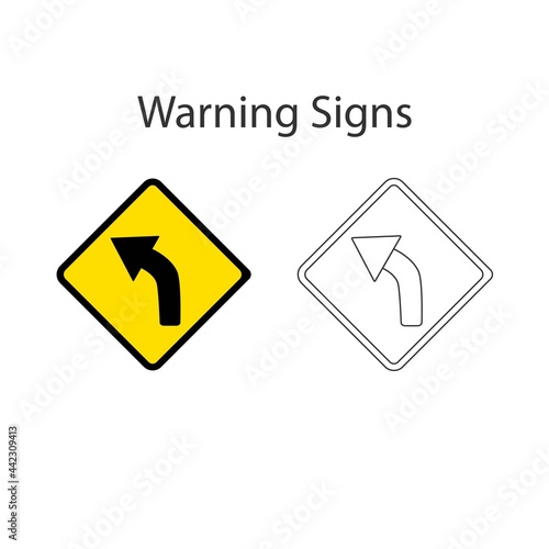 Free Download Curve left sign of roadway splits 2 style, Yellow vector illustration and hand drawing on white background. - GFXLoad
