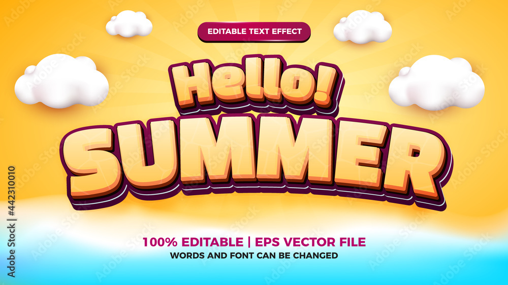 Hello summer editable text effect cartoon style with orange beach background