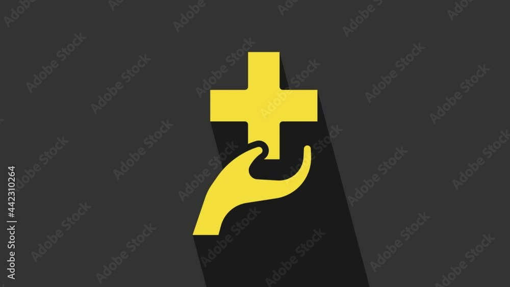 Yellow Heart with a cross icon isolated on grey background. First aid. Healthcare, medical and pharmacy sign. 4K Video motion graphic animation