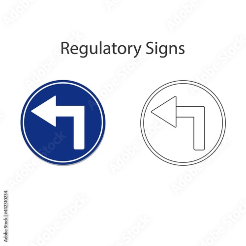 White turn left sign on blue circle. Vector illustration and hand drawing on white background.