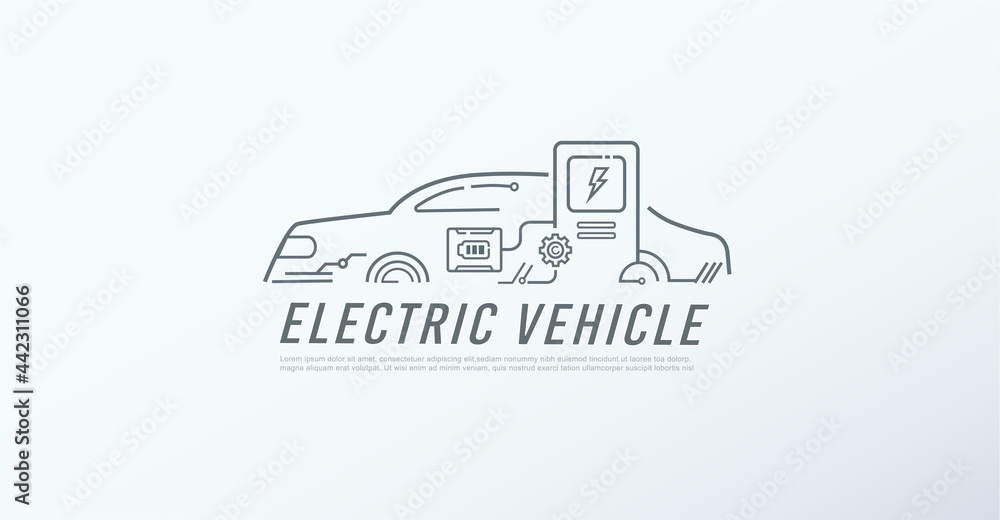 Minimal EV Electric vehicle outline banner web icon for futuristic technology, Hybrid Electric, Battery Electric vehicle, Fuel Cell automobile and power supply.