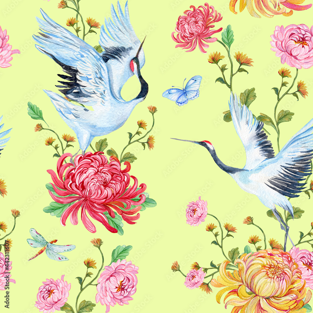 Seamless pattern with birds cranes and flowers on an isolated yellow background Ornament for printing on textiles, wallpaper